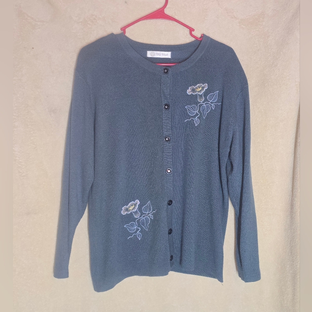 Vintage Sky High Blue Cardigan Sweater Floral Embroidered Longsleeve One Size Ac